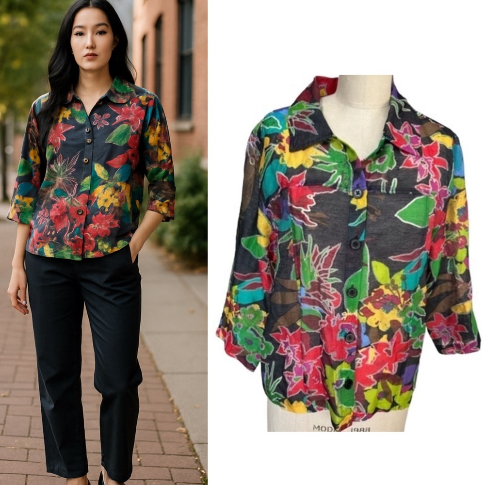 Toni Morgan Sheer Linen Button Up Shirt Size L Floral Overshirt Colorful